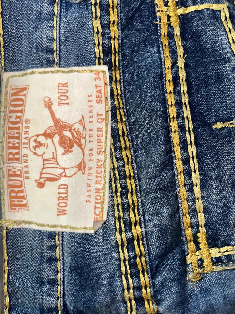 True Religion Men's Blue Jeans with Yellow Contrast Stitching